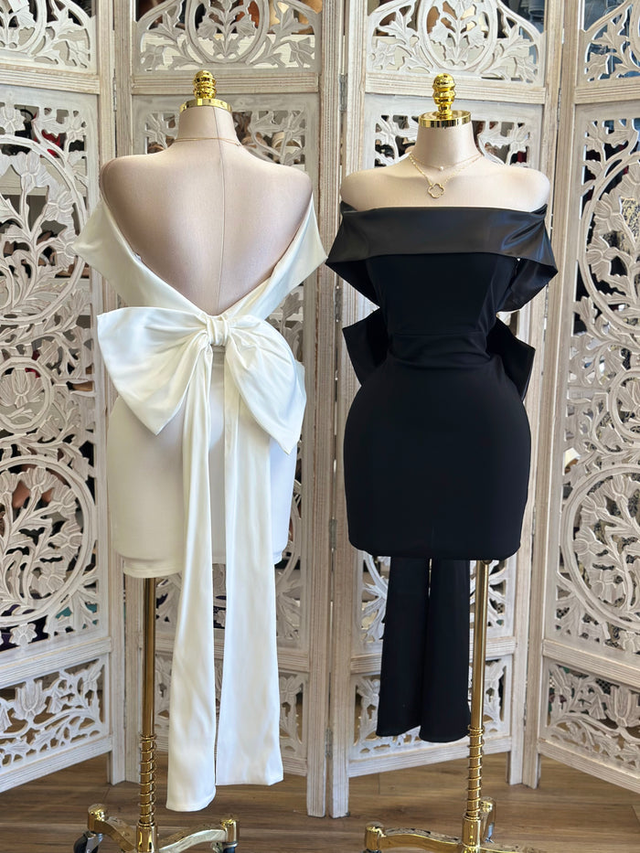 Off Shoulder Ribbon Mini Dress- Stretchy, Estira