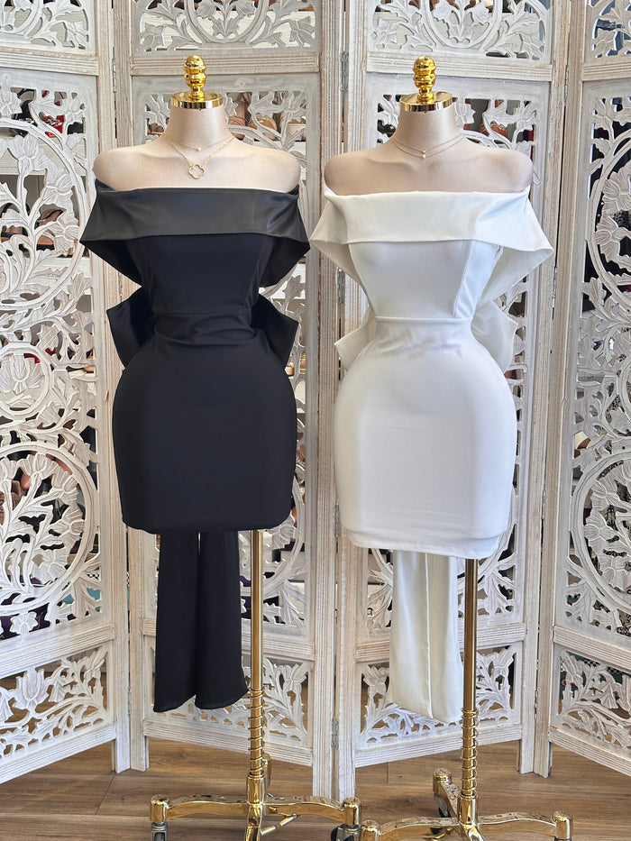 Off Shoulder Ribbon Mini Dress- Stretchy, Estira