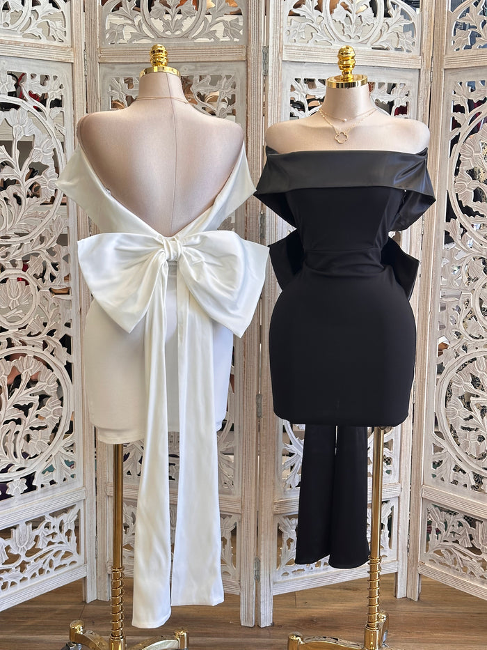 Off Shoulder Ribbon Mini Dress- Stretchy, Estira