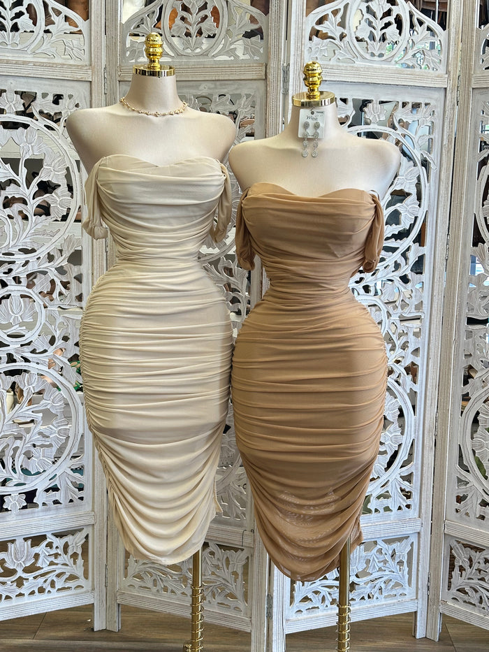 Off Shoulder Ruched Dress- Stretchy, Estira