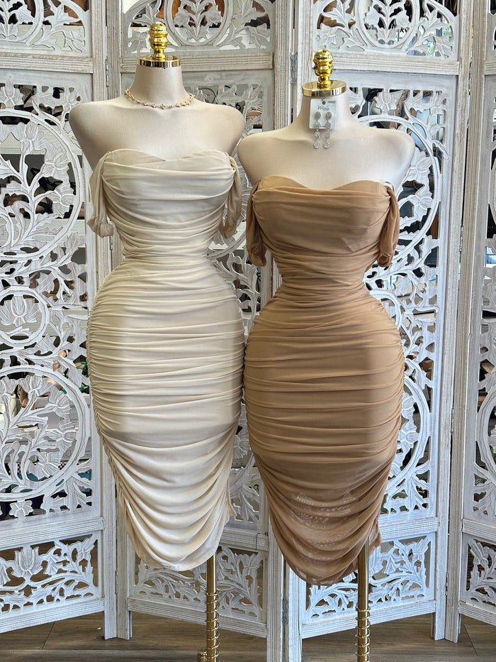 Off Shoulder Ruched Dress- Stretchy, Estira