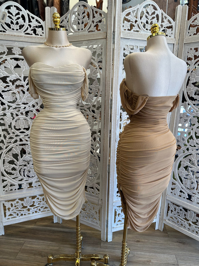 Off Shoulder Ruched Dress- Stretchy, Estira