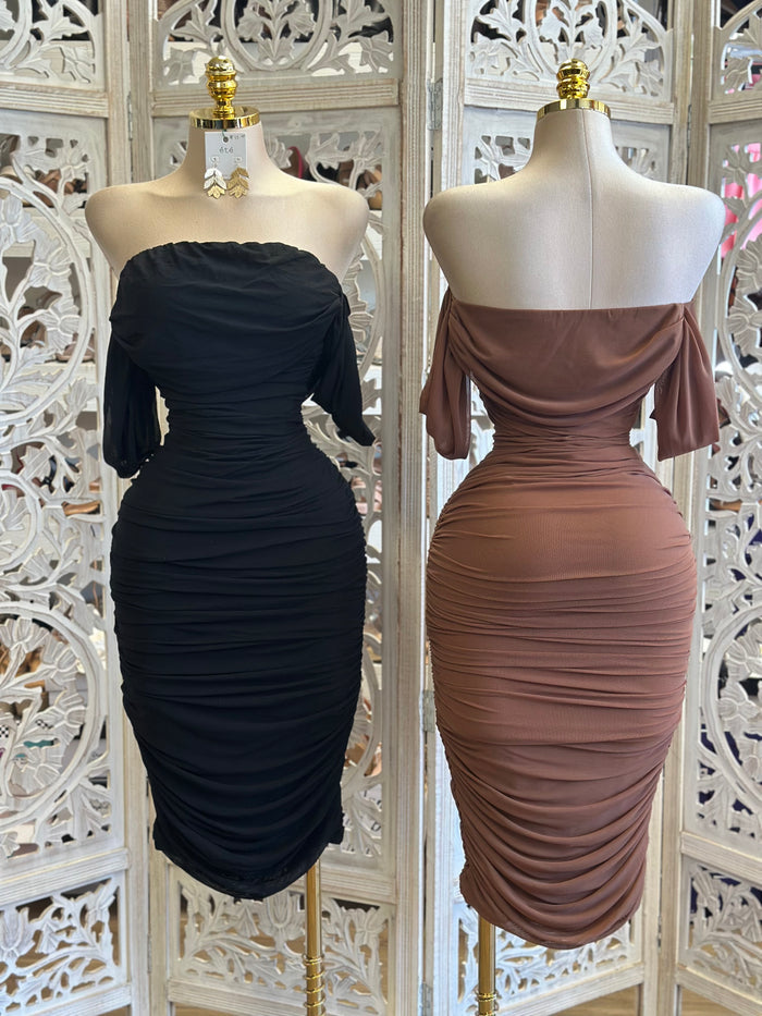 Off Shoulder Ruched  Mesh Dress - Estira, Stretchy