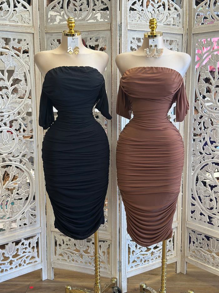 Off Shoulder Ruched  Mesh Dress - Estira, Stretchy