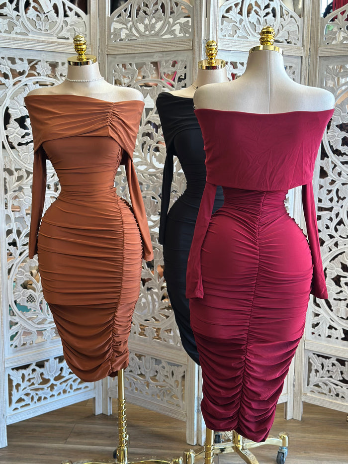 Off Shoulder Ruched Midi Dress- Estira , Stretchy