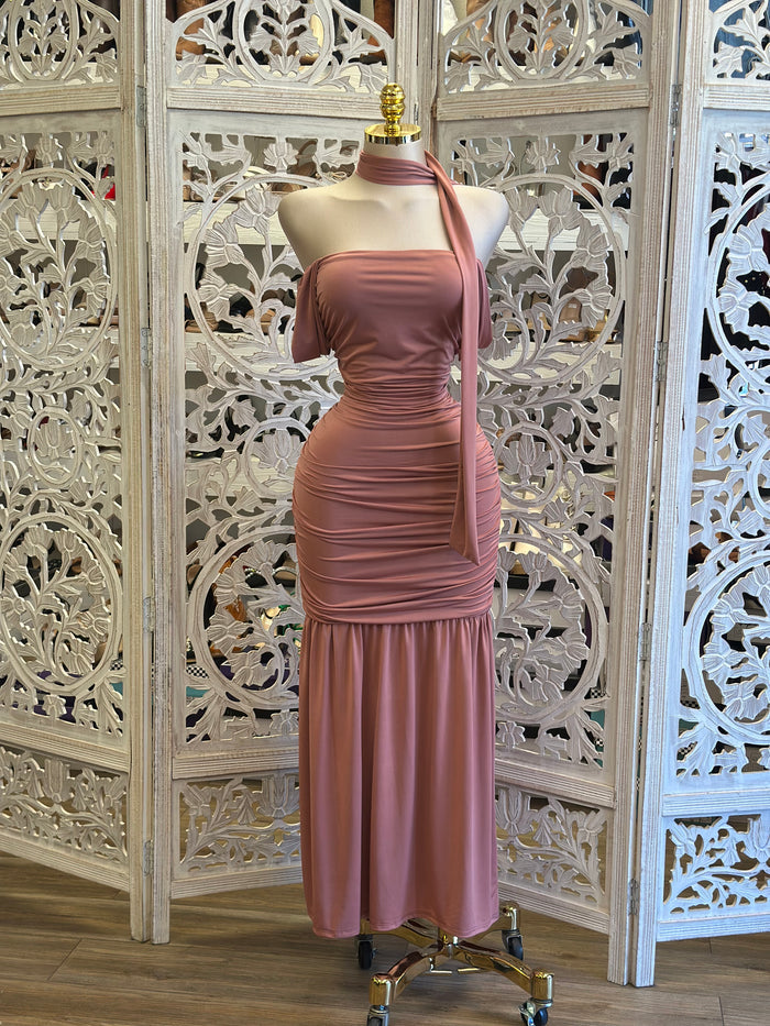 Off Shoulder Scarfed Midi Dress- Stretchy, Estira