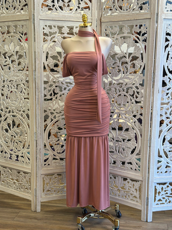 Off Shoulder Scarfed Midi Dress- Stretchy, Estira