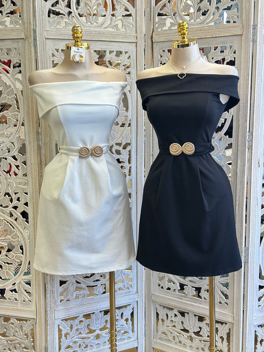 Off Shoulder Snail Belt Mini Dress -Estira Poco, Slightly Stretchy
