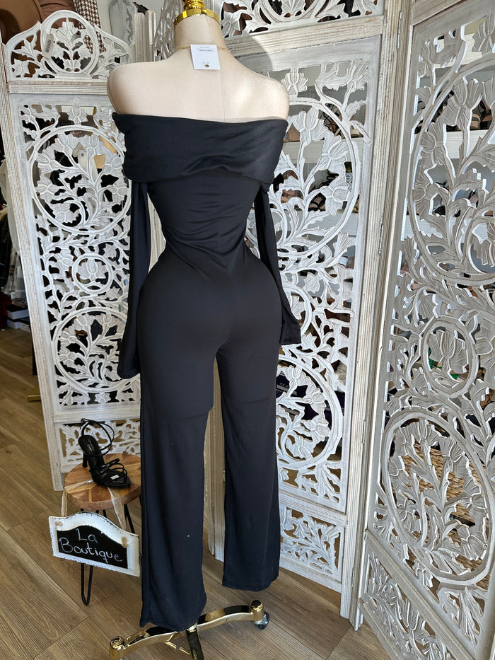Off Shoulder Solid Black Jumpsuit- Stretchy, Estira
