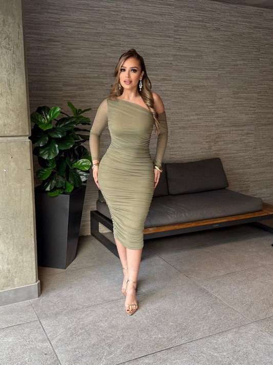 Olive Asymmetrical Mesh Sleeve Dress-Stretchy,Estira