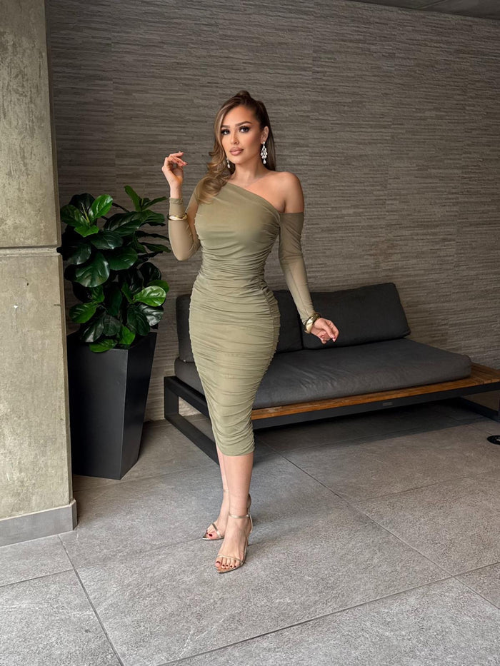 Olive Asymmetrical Mesh Sleeve Dress-Stretchy,Estira