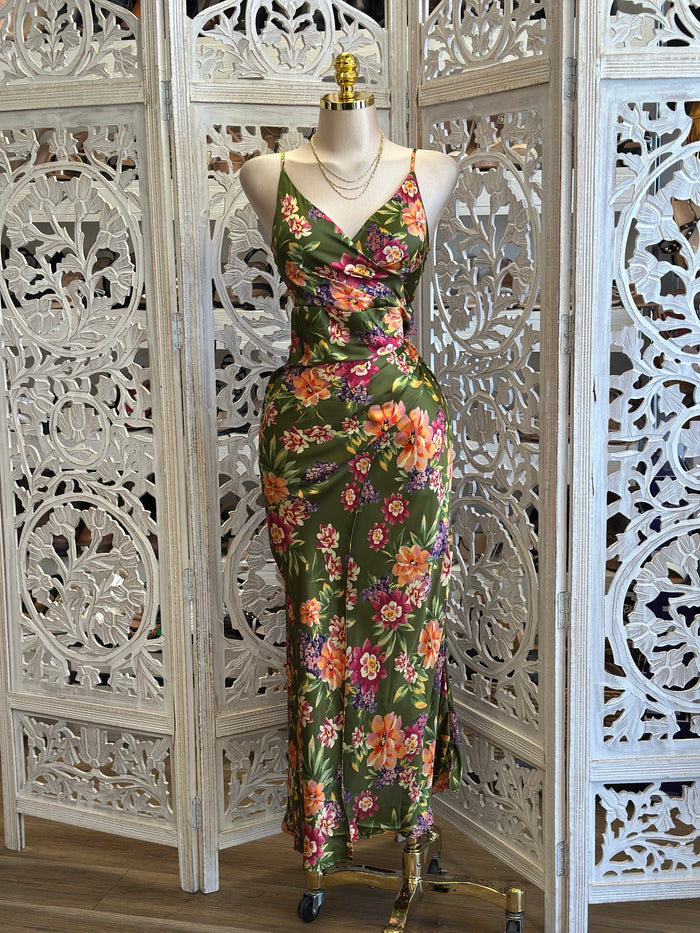 Olive Floral Maxi Dress - No Estira, Not Stretchy