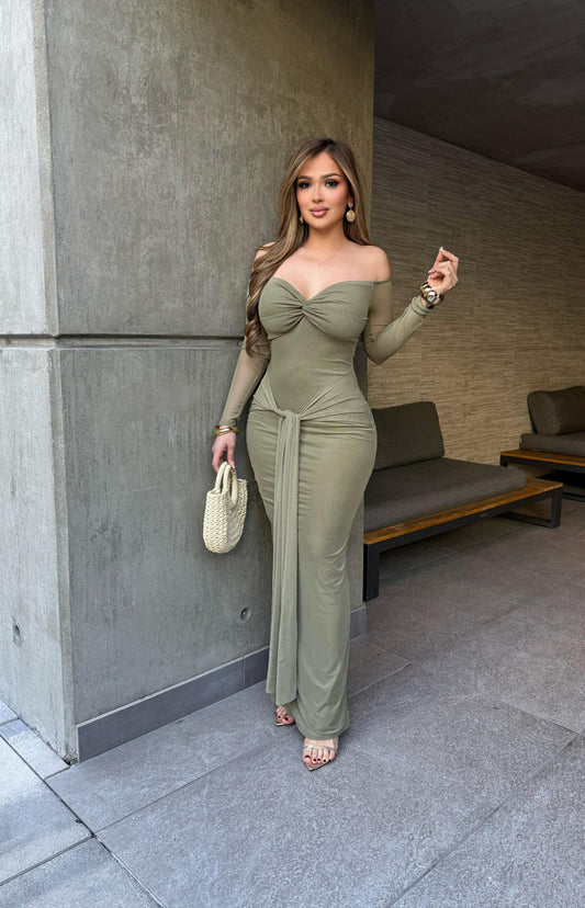 Olive Off Shoulder Knotted Draped Gown -Estira, Stretchy