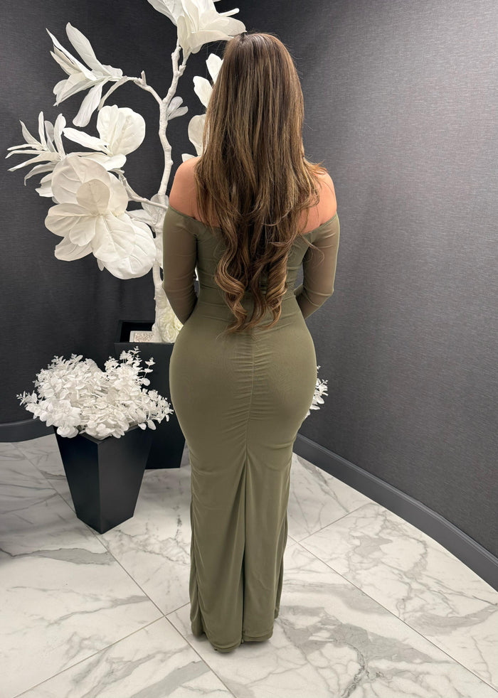 Olive Off Shoulder Knotted Draped Gown -Estira, Stretchy