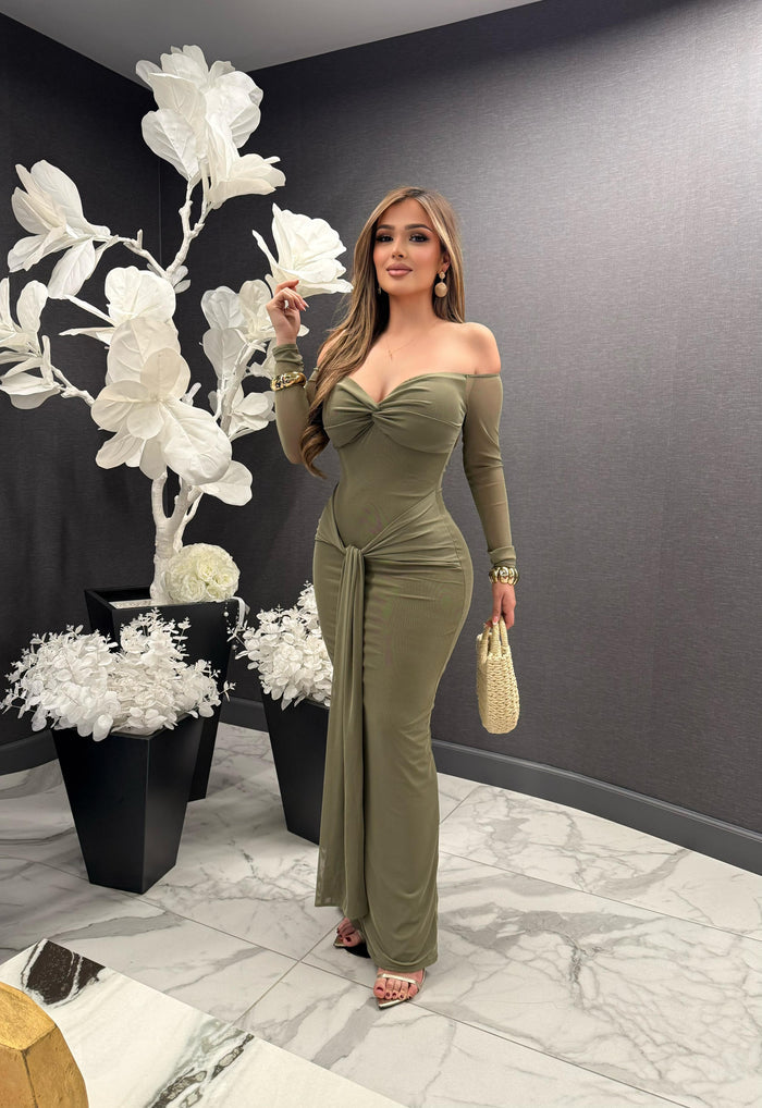 Olive Off Shoulder Knotted Draped Gown -Estira, Stretchy