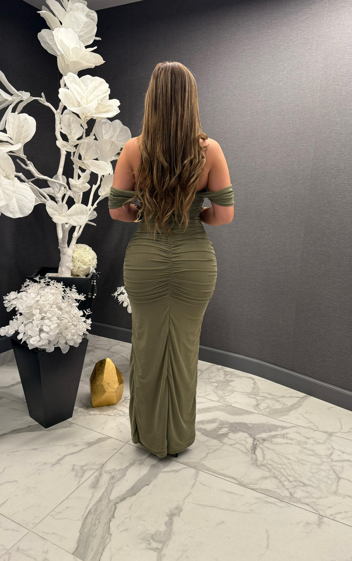 Olive Off Shoulder Ruched Gown -Estira, Stretchy