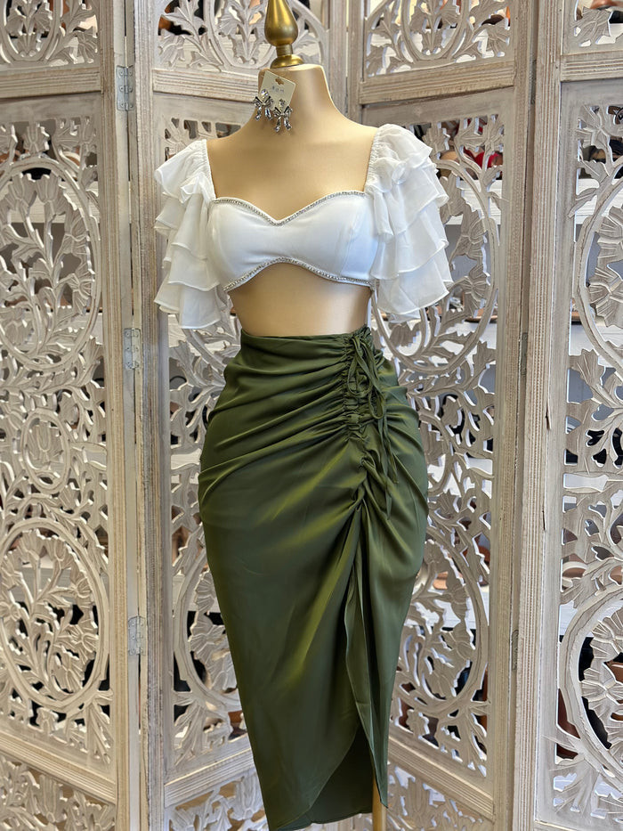 Olive Ruched Satin Midi Skirt- Stretchy