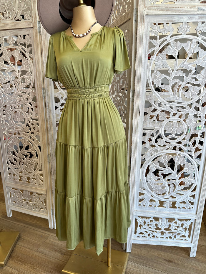 Olive Short Sleeve Maxi Dress- Stretchy