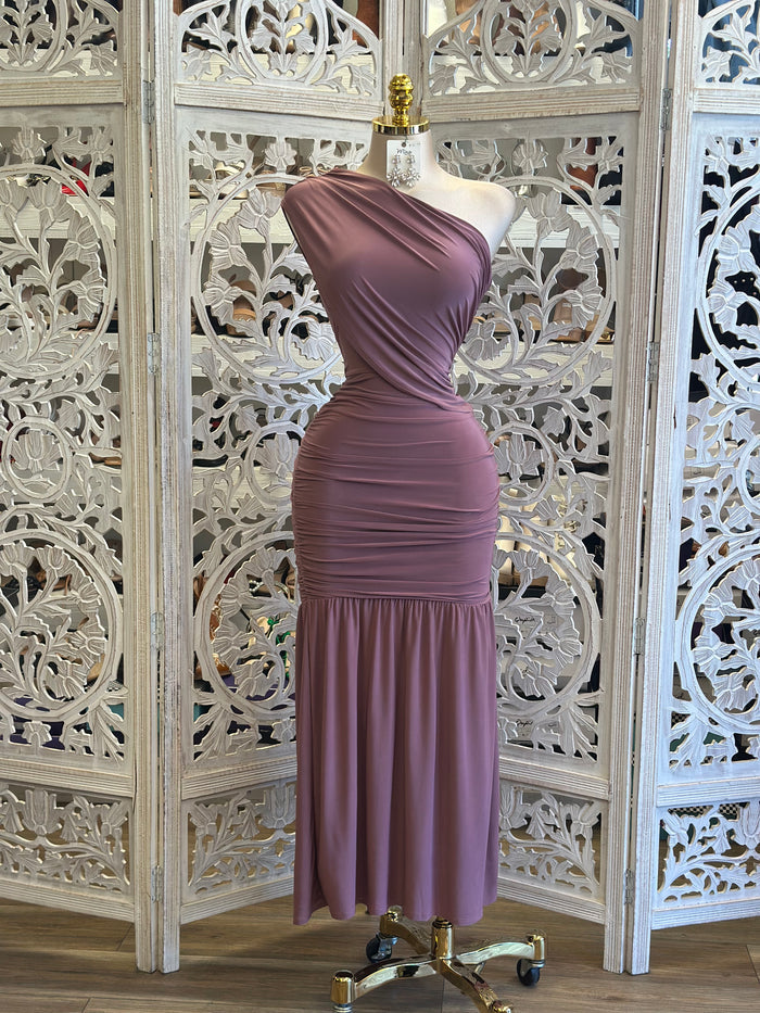 One Sleeve Berry Midi Dress- Stretchy, Estira
