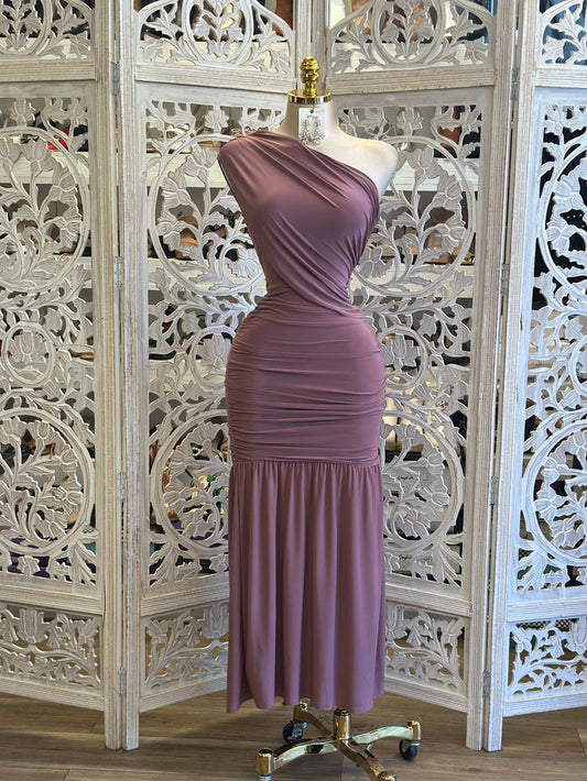 One Sleeve Berry Midi Dress- Stretchy, Estira