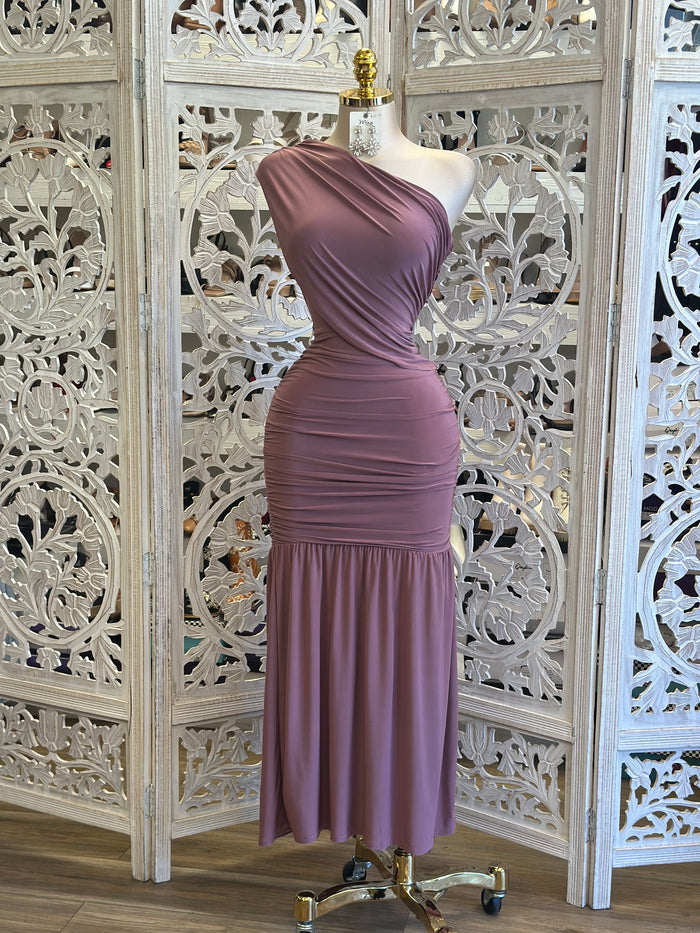 One Sleeve Berry Midi Dress- Stretchy, Estira