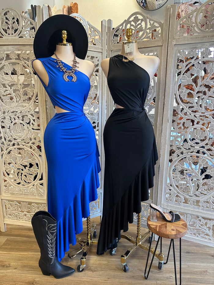 One Sleeve Cutout Midi Ruffled Dress-Estira, Stretchy