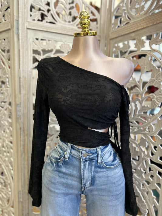 One Sleeve Cutout Top- Estira, Stretchy