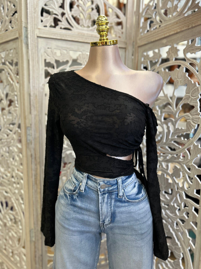 One Sleeve Cutout Top- Estira, Stretchy