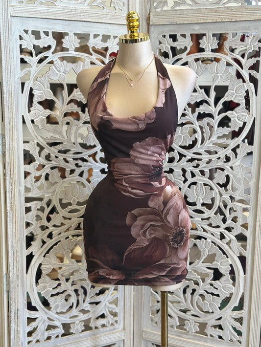 Oval Neck Floral Mini Dress-Estira, Stretchy
