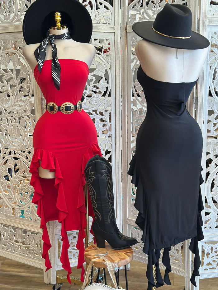 Oval Slit  Ruffle Dress-Estira, Stretchy