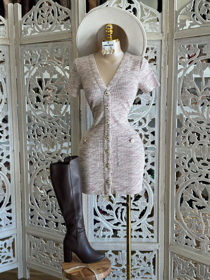 Pale Pink Button Ribbed Mini Dress- Stretchy, Estira