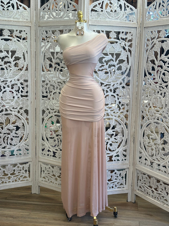 Pale Pink One Sleeve Dress - Estira, Stretchy