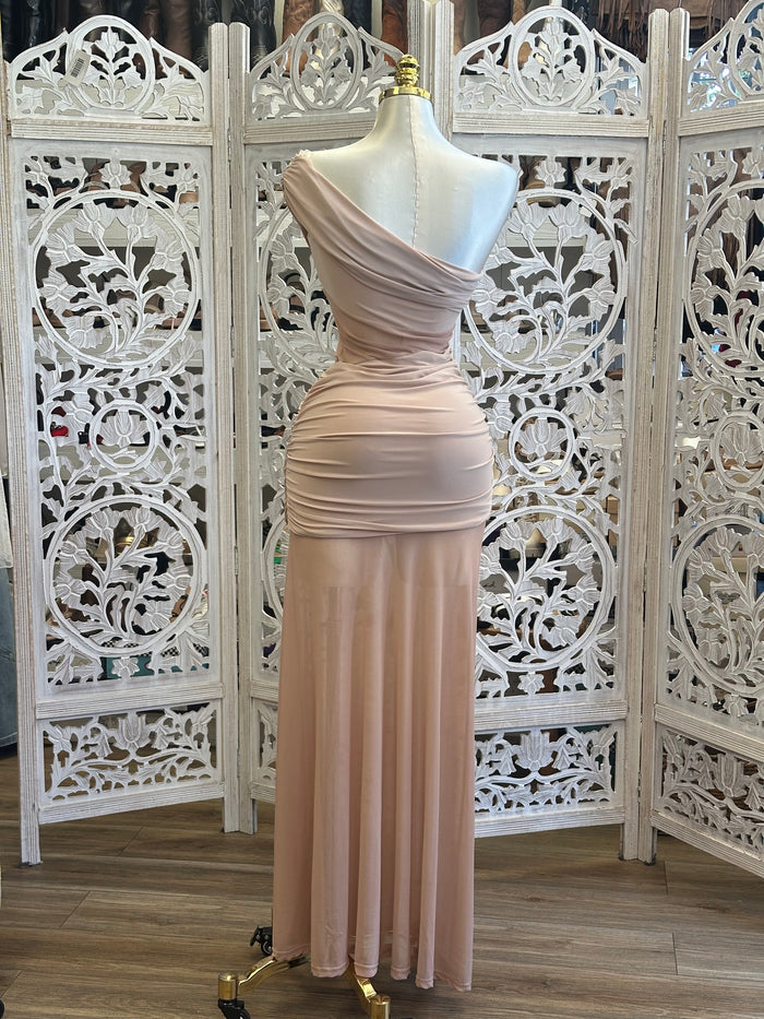 Pale Pink One Sleeve Dress - Estira, Stretchy