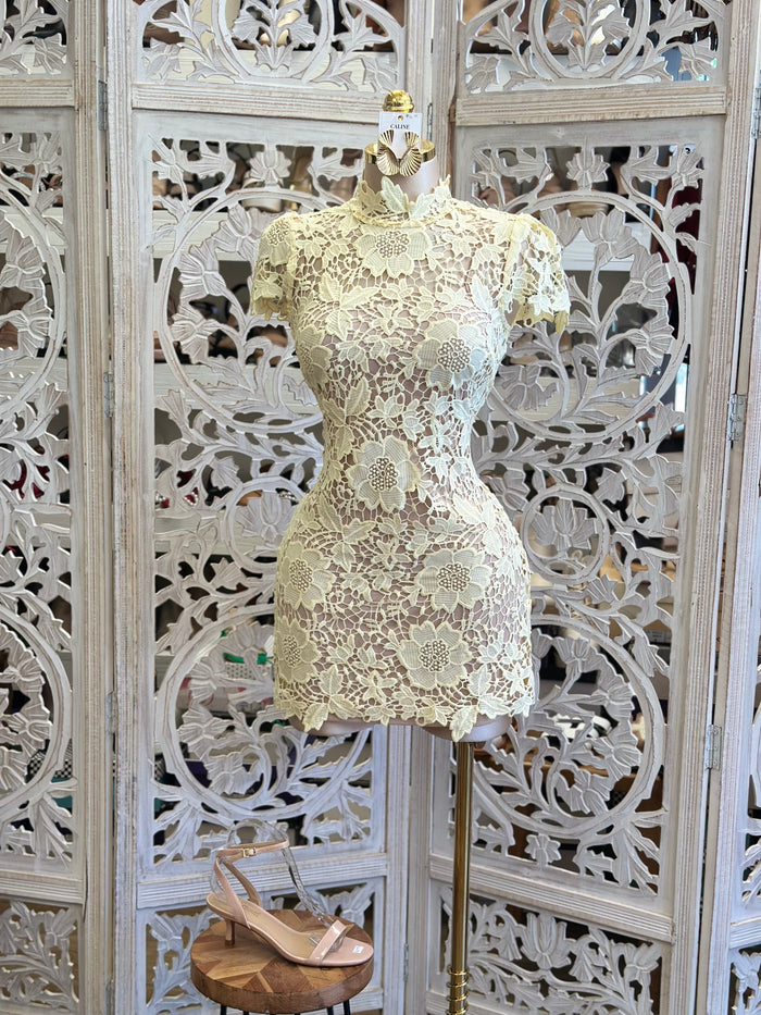 Pale Yellow Full Lace Mini Dress -Not Stretchy, No Estira