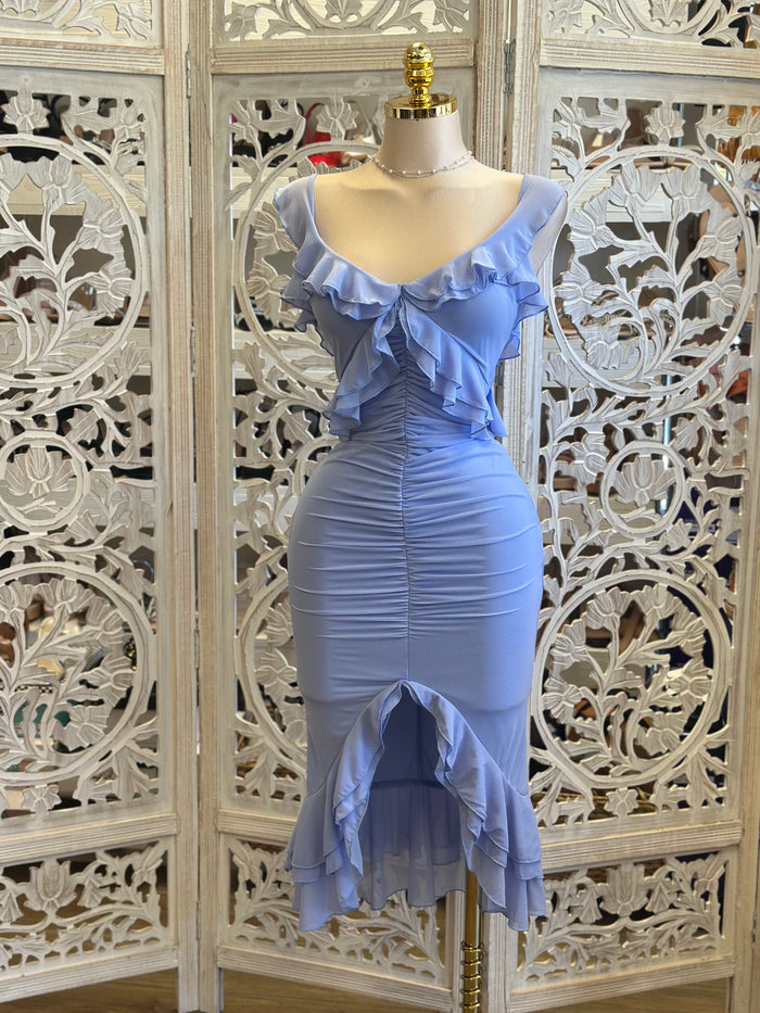 Pastel Blue Ruched Midi Dress-Estira, Stretchy