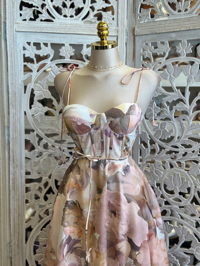Pastel Floral Corset Dress- Slightly Stretchy, Estira Poco