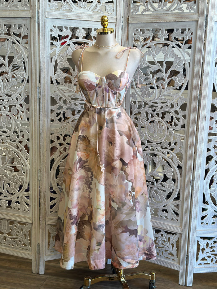 Pastel Floral Corset Dress- Slightly Stretchy, Estira Poco