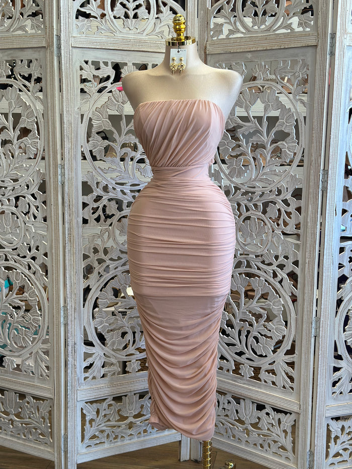 Pastel Pink Wrapped Midi Dress - Estira, Stretchy