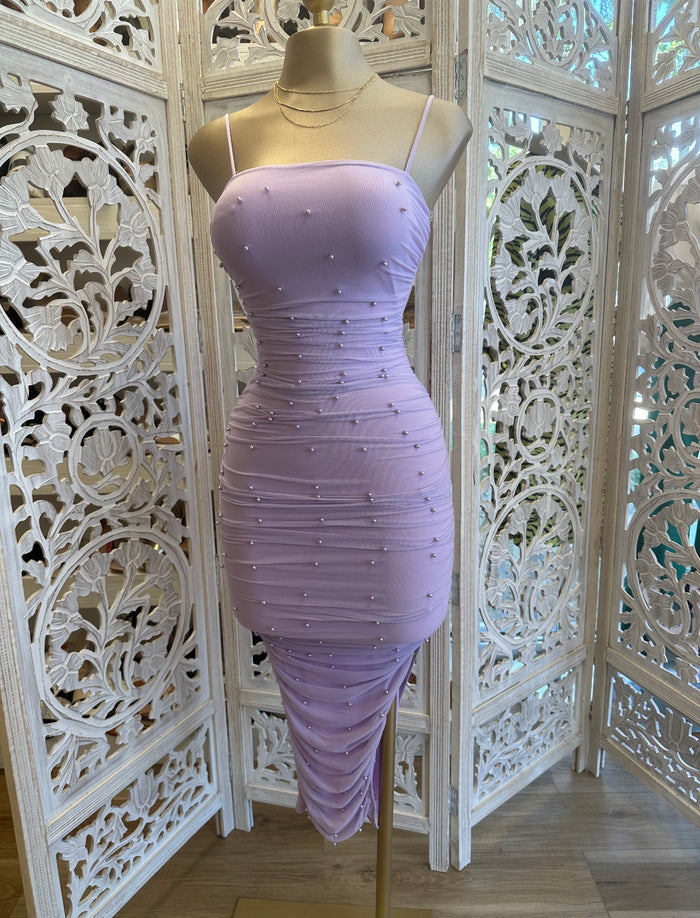 Pearl Detail Lavender Dress- Stretchy,Estira