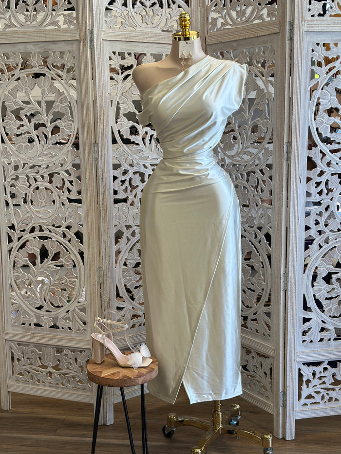 Pearl Draped Midi Dress - No Estira, Not Stretchy