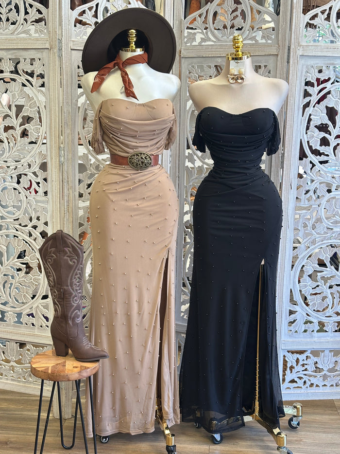 Pearl Embellished Evening Dress- Estira, Stretchy
