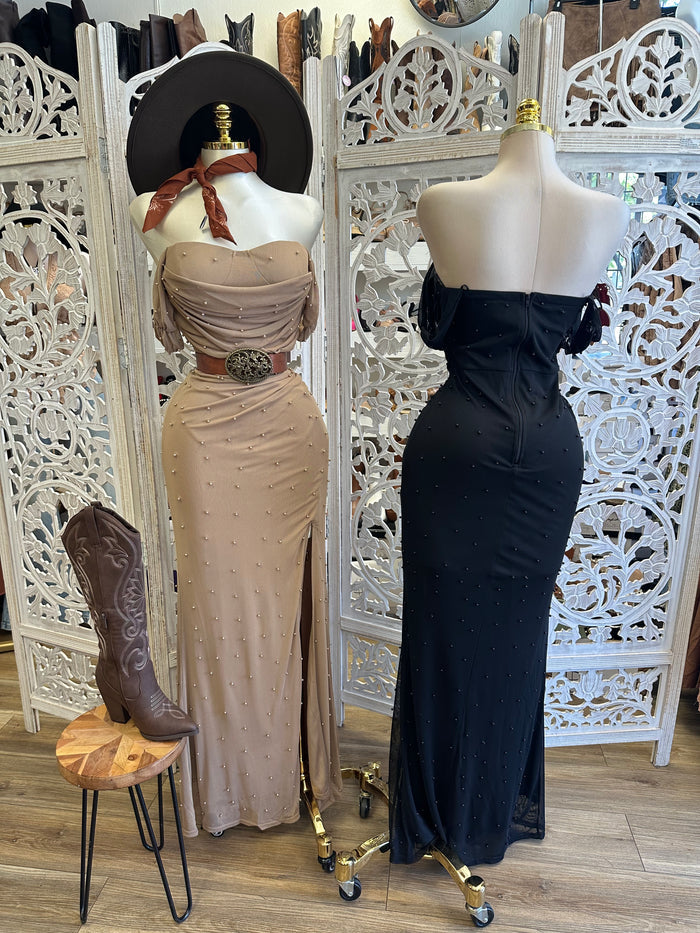 Pearl Embellished Evening Dress- Estira, Stretchy