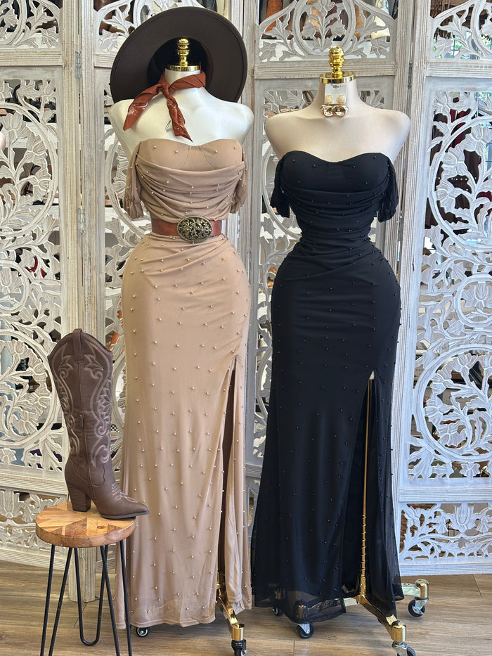 Pearl Embellished Evening Dress- Estira, Stretchy