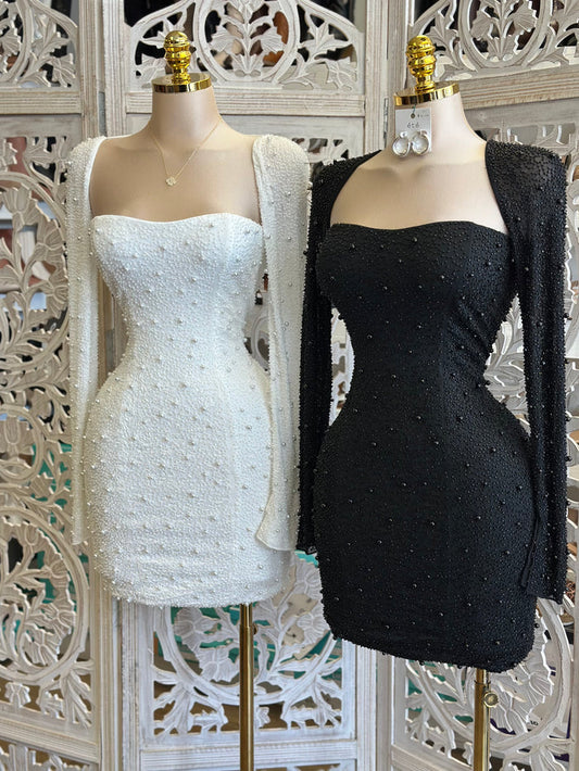 Pearl Embellished Square Neck Mini Dress- Stretchy ,Estira