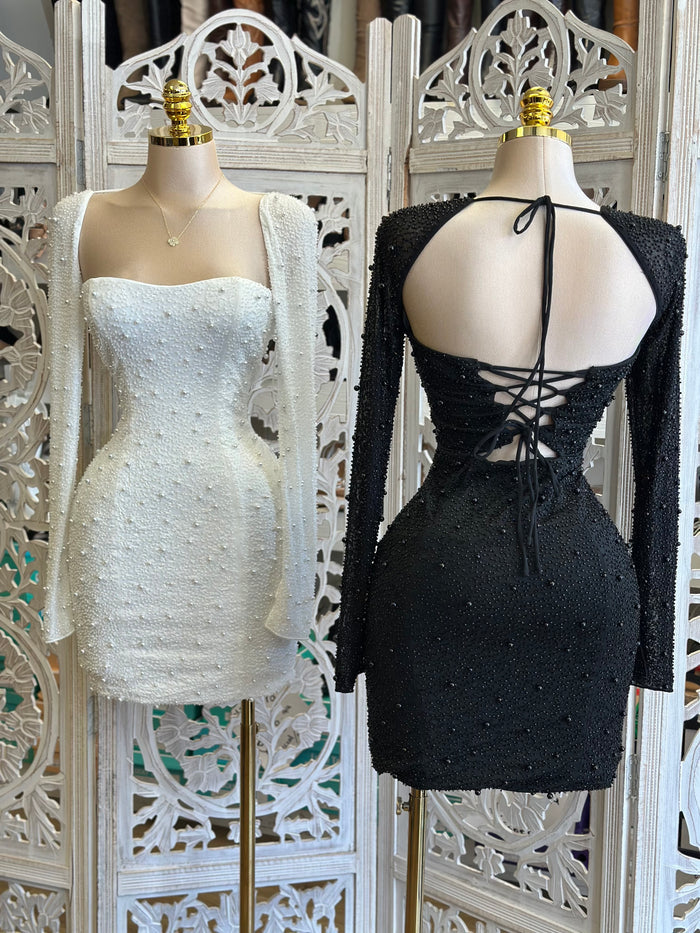 Pearl Embellished Square Neck Mini Dress- Stretchy ,Estira