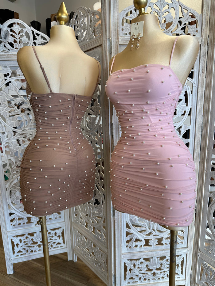 Pearl Ruched Mini Dress-Slightly Stretchy