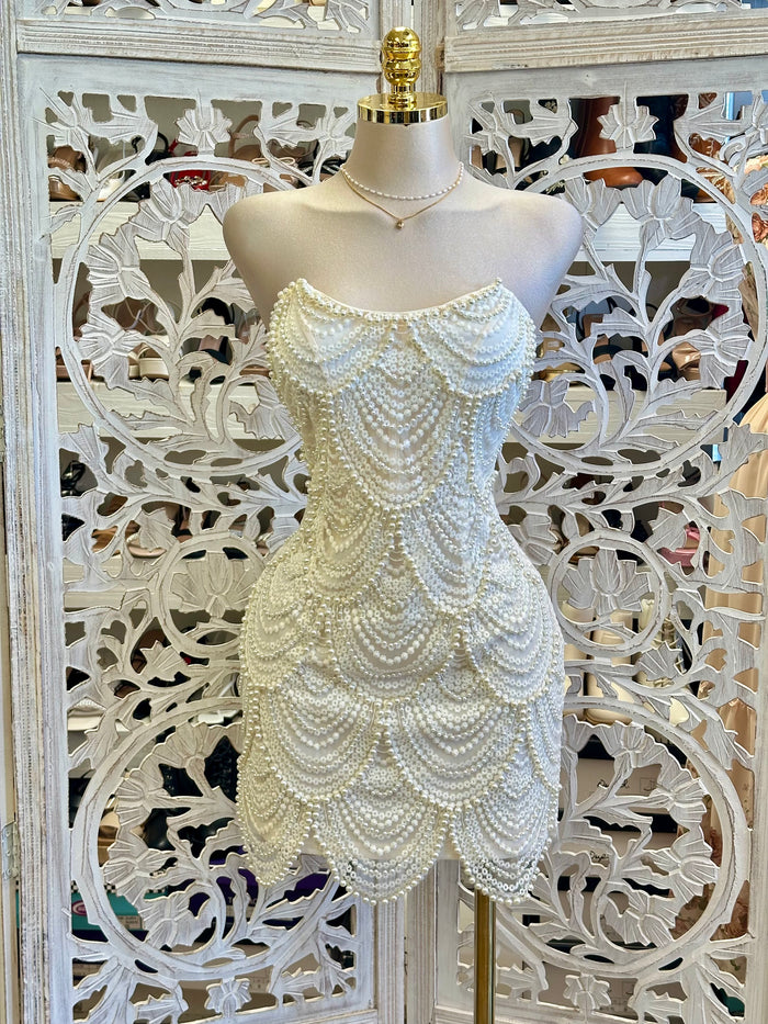 Pearl Strapless Mini Dress-no Stretchy,  no Estira