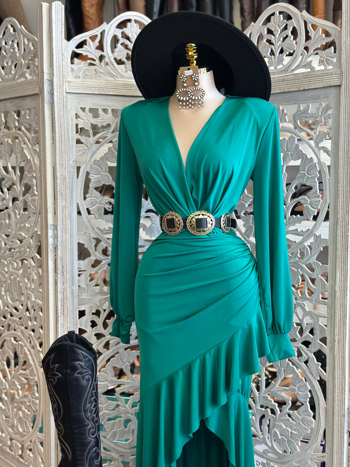 Persian Green Asymmetrical Ruffle Dress-Estira, Stretchy