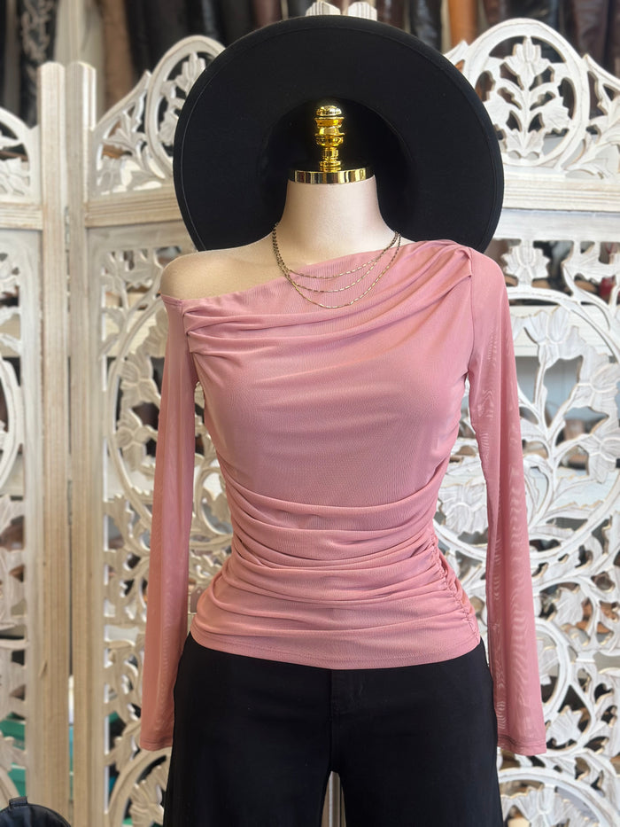 Pink Asymmetrical Long Sleeve Blouse- Estira, Stretchy