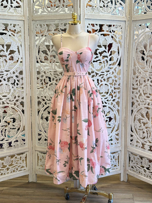 Pink Floral Midi Dress-Stretchy, Estira